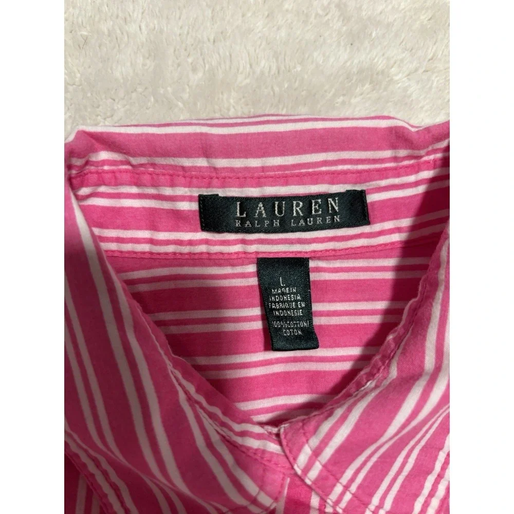 Lauren Ralph Lauren Pink White Striped 100% Cotton Button-Up Shirt‎ Sz L